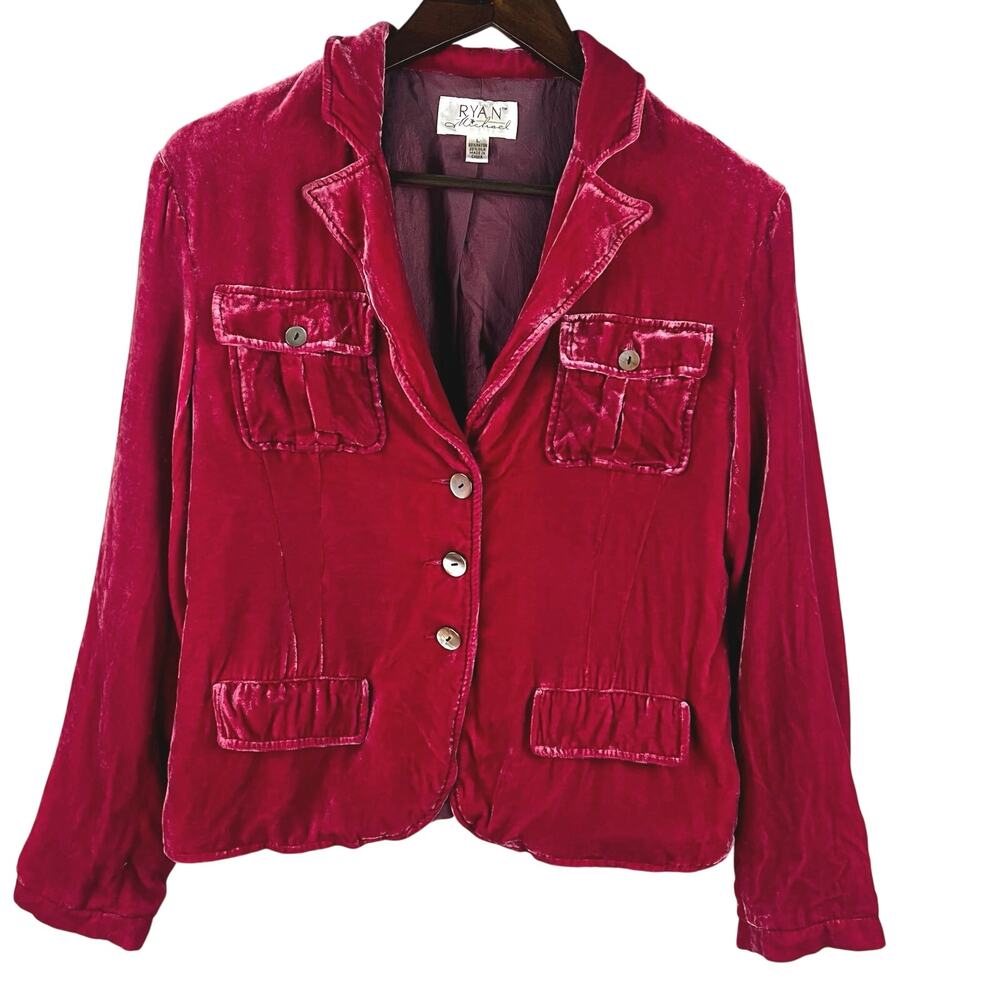 Ryan Michael Women’s L Velvet Blazer Pink Silk Blend Button Front  Jacket EUC